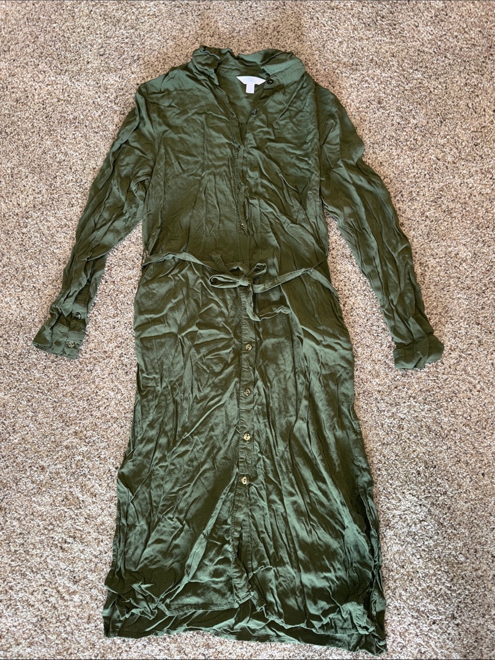 Time and Tru Olive Button-Front Long Sleeve Tie-Waist Shirt Dress